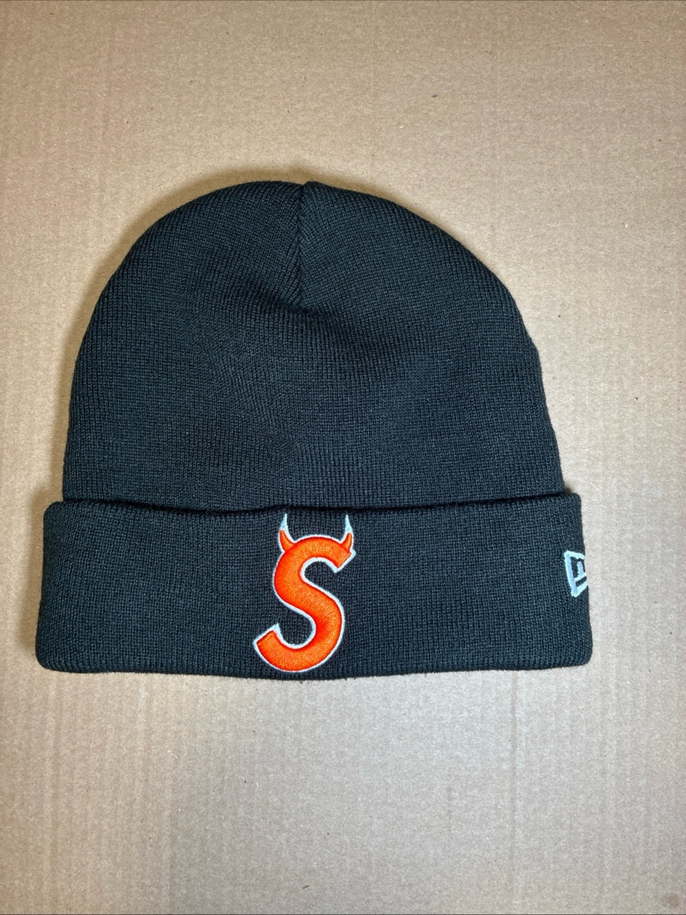 Supreme Black Beanie with Orange 'S' Devil Logo